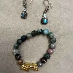 Moss Agate bracelet and Chalcedony sterling silver earrings